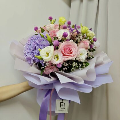 Pink Rose with Purple Hydrangea Bouquet Quadruple Flower BH010005 01