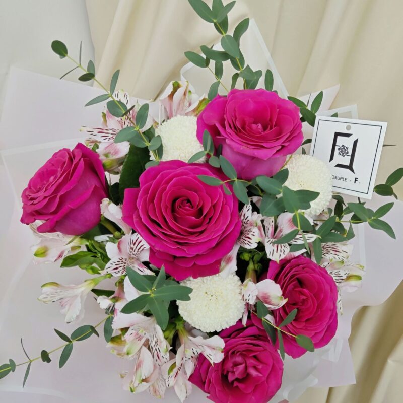 Hot Pink Rose with White Pompon Bouquet BL010004 02