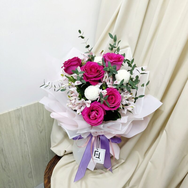 Hot Pink Rose with White Pompon Bouquet BL010004 03