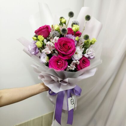 Hot Pink Rose with Purple Eustoma Bouquet Quadruple Flower BL010005 01