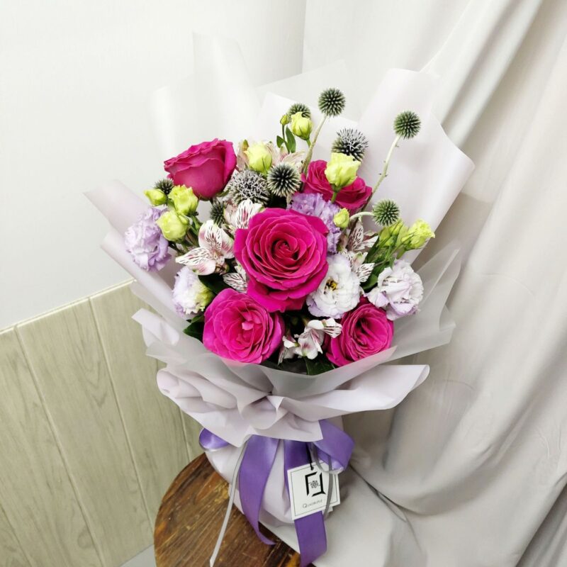 Hot Pink Rose with Purple Eustoma Bouquet Quadruple Flower BL010005 03