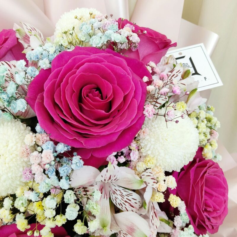 Hot Pink Rose with White Pompon Bouquet Quadruple Flower BL010006 02