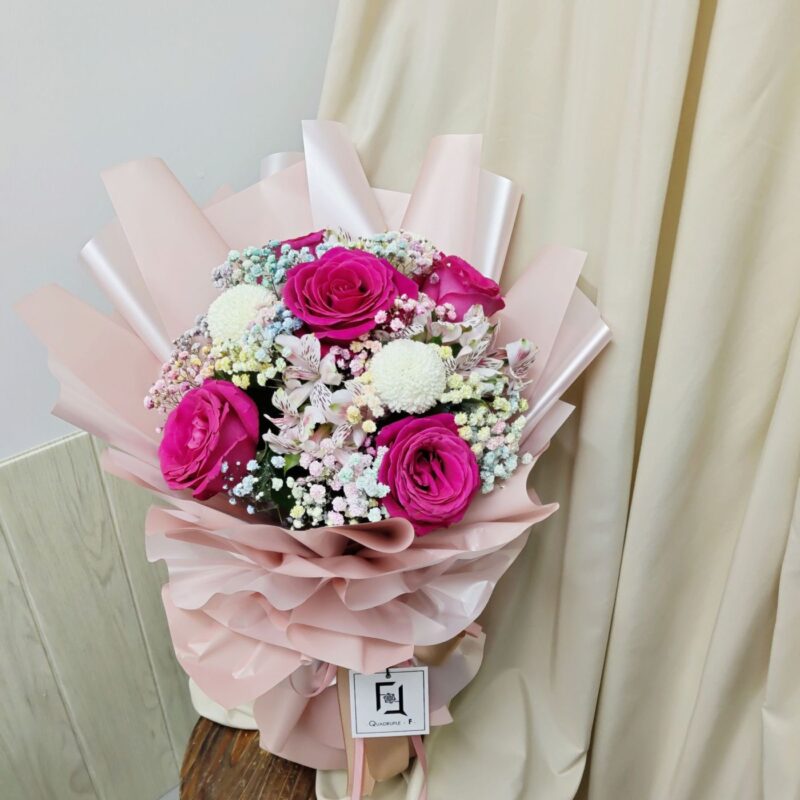 Hot Pink Rose with White Pompon Bouquet Quadruple Flower BL010006 03