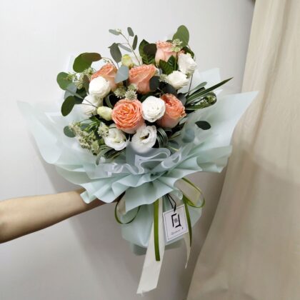 Orange Rose with White Eustoma Bouquet Quadruple Flower BL010007 01