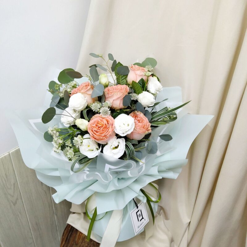 Orange Rose with White Eustoma Bouquet Quadruple Flower BL010007 03