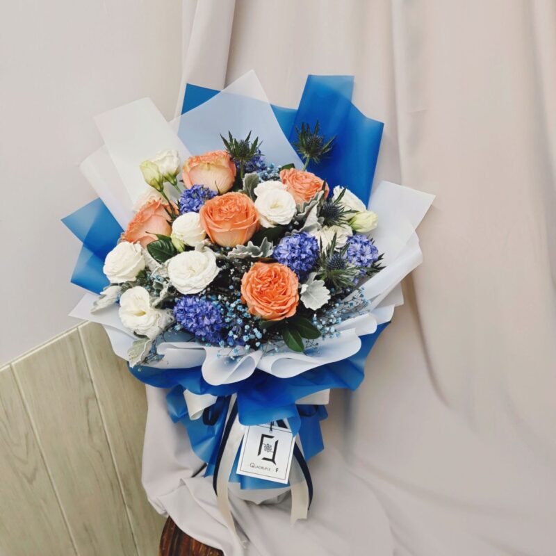 Orange Rose with Blue Hyacinth Bouquet Quadruple Flower BL010011 03