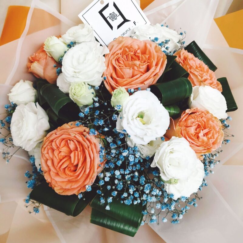 Orange Rose with Blue Baby’s Breath Bouquet Quadruple Flower BL010013 02