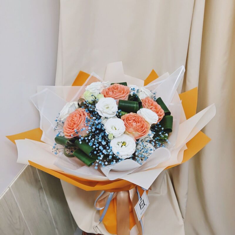 Orange Rose with Blue Baby’s Breath Bouquet Quadruple Flower BL010013 03