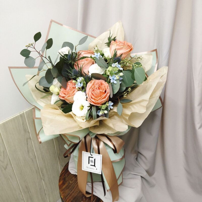 Orange Rose with White Eustoma Bouquet Quadruple Flower BL010015 03