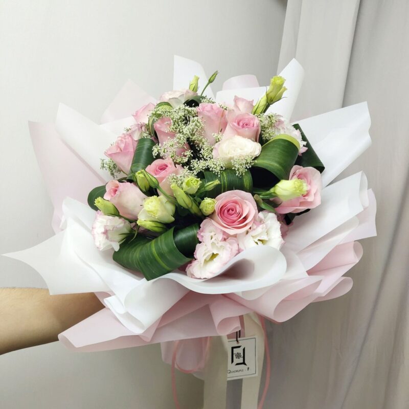 Pink Rose with Pink & White Eustoma Bouquet Quadruple Flower BL010016 01