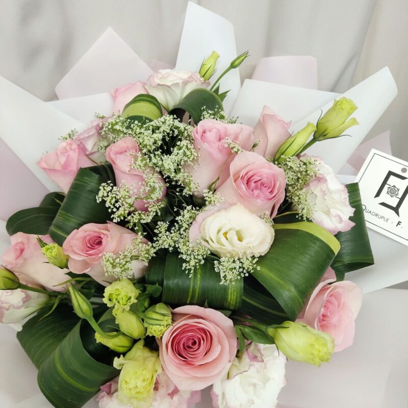 Pink Rose with Pink & White Eustoma Bouquet Quadruple Flower BL010016 02