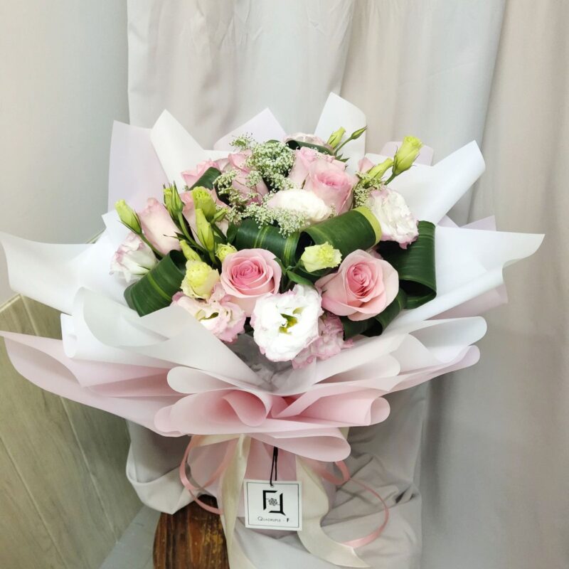 Pink Rose with Pink & White Eustoma Bouquet Quadruple Flower BL010016 03