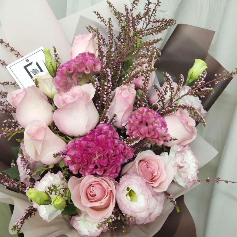 Pink Rose with Pink & White Eustoma Bouquet Quadruple Flower BL010017 02