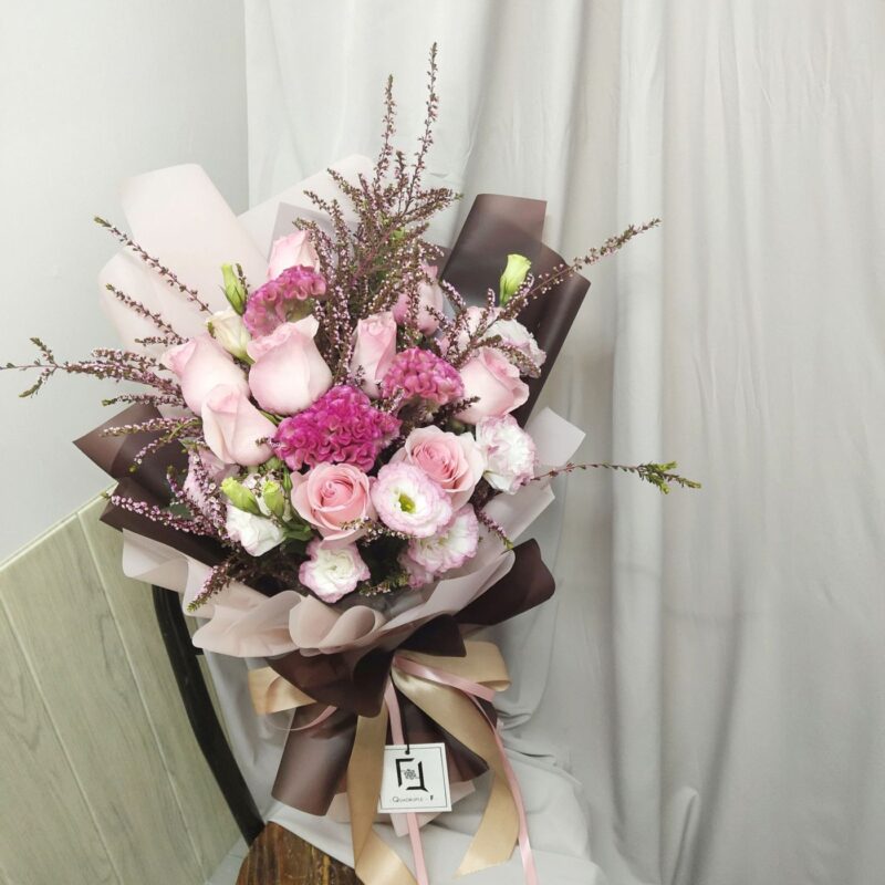 Pink Rose with Pink & White Eustoma Bouquet Quadruple Flower BL010017 03