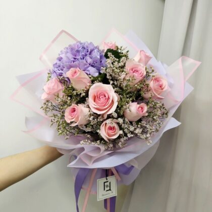 Pink Rose with Purple Hydrangea Bouquet Quadruple Flower BL010018 01
