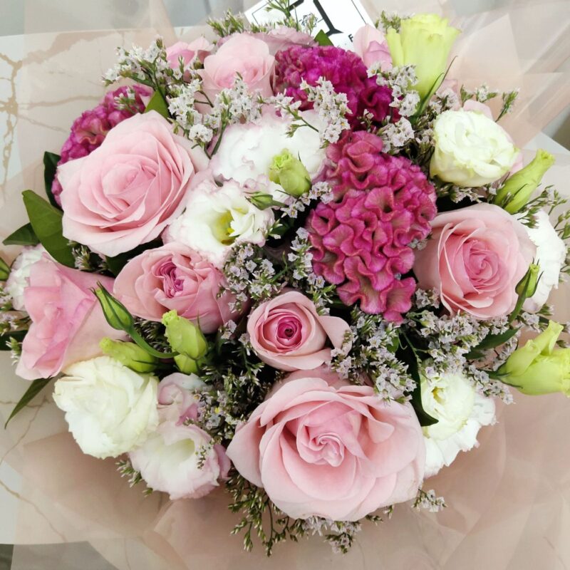 Pink Rose with Pink & White Eustoma Bouquet Quadruple Flower BL010020 02