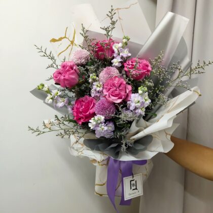 Purple Rose with Purple Stock Flower Bouquet Quadruple Flower BL010023 01