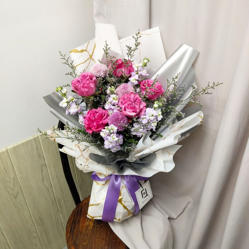 Purple Rose with Purple Stock Flower Bouquet Quadruple Flower BL010023 03