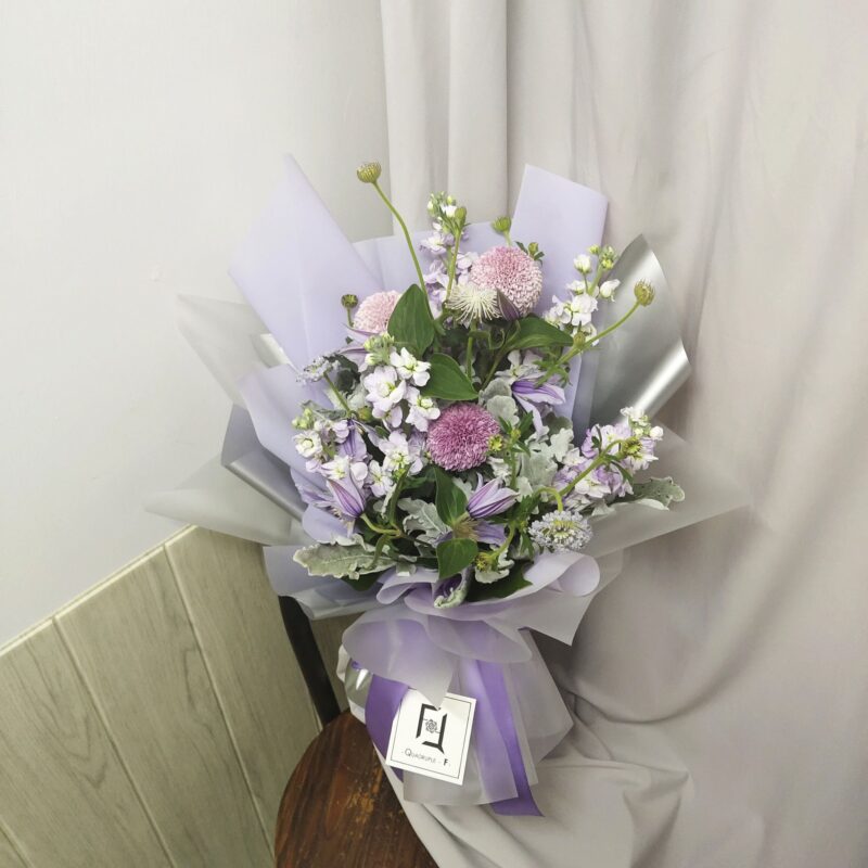 Purple Pompon with Purple Stock Flower Bouquet Quadruple Flower BL100004 03
