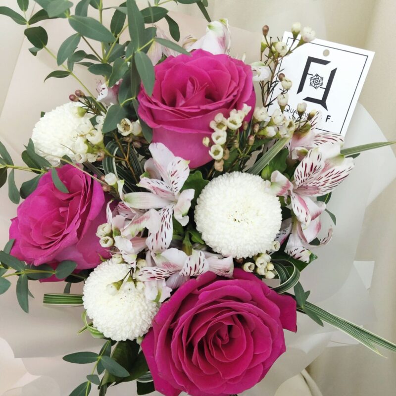Hot Pink Rose with White Pompon Bouquet Quadruple Flower BM010004 02