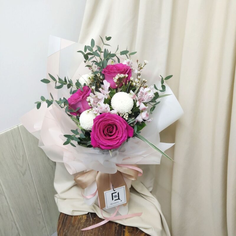 Hot Pink Rose with White Pompon Bouquet Quadruple Flower BM010004 03