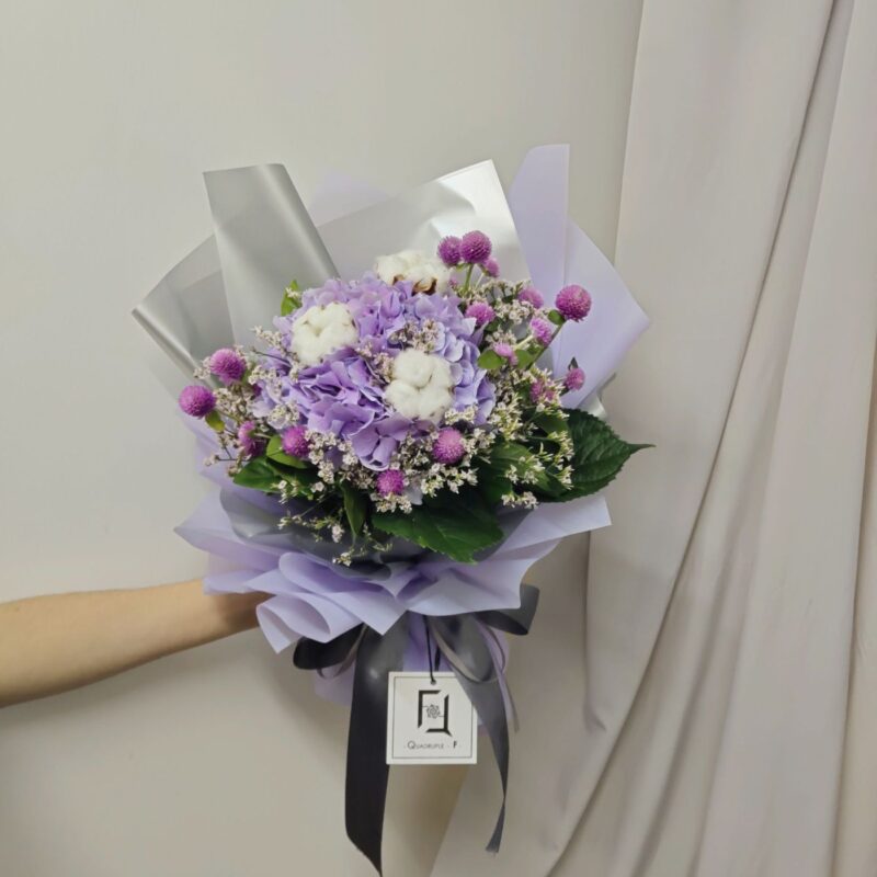 Purple Hydrangea with White Cotton Bouquet Quadruple Flower BM040001 01