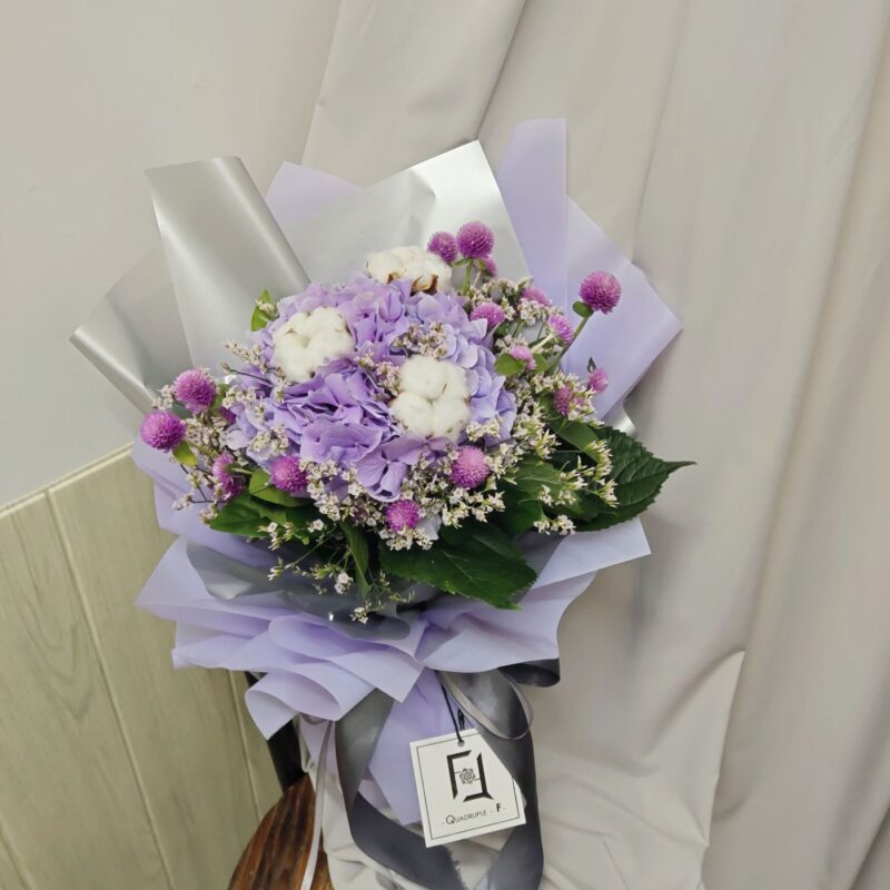 Purple Hydrangea with White Cotton Bouquet Quadruple Flower BM040001 03