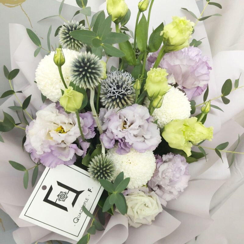 Purple Eustoma with White Pompon Bouquet Quadruple Flower BM100001 02