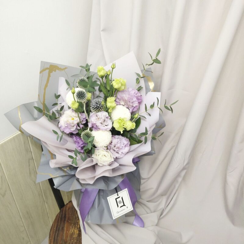 Purple Eustoma with White Pompon Bouquet Quadruple Flower BM100001 03