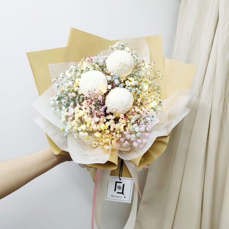White Pompon with Rainbow Baby’s Breath Bouquet (with Lights) Quadruple Flower BM100004 01