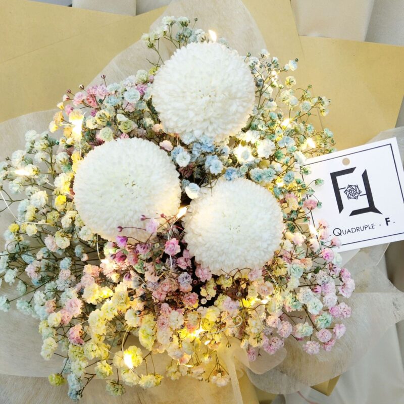 White Pompon with Rainbow Baby’s Breath Bouquet (with Lights) Quadruple Flower BM100004 02