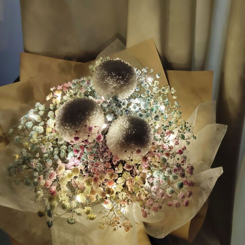 White Pompon with Rainbow Baby’s Breath Bouquet (with Lights) Quadruple Flower BM100004 03