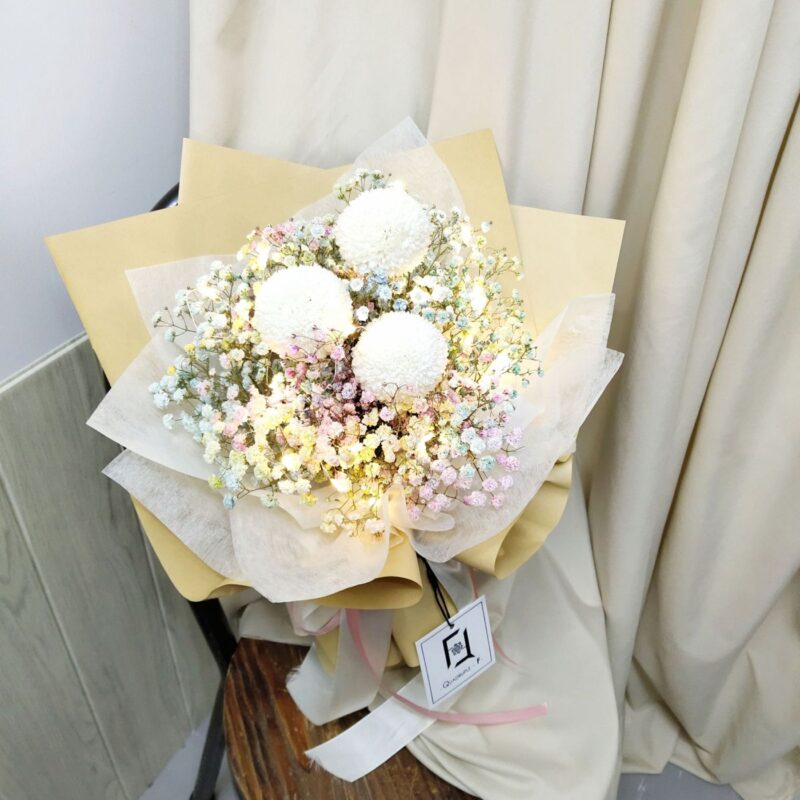White Pompon with Rainbow Baby’s Breath Bouquet (with Lights) Quadruple Flower BM100004 04