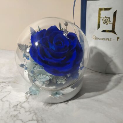 Preserved Flower Blue Rose with Round Glass Dome Quadruple Flower PT010002 01