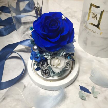 Preserved Flower Blue Rose with Long Glass Dome Quadruple Flower PT010011 01