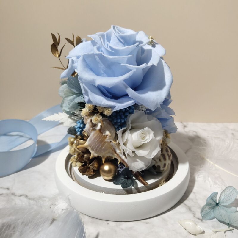 Preserved Flower Light Blue Rose with Long Glass Dome Quadruple Flower PT010015 03