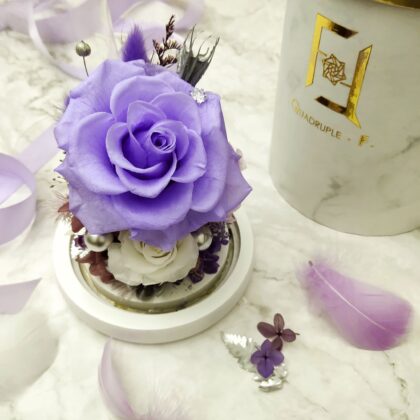 Preserved Flower Light Purple Rose with Long Glass Dome Quadruple Flower PT010016 01