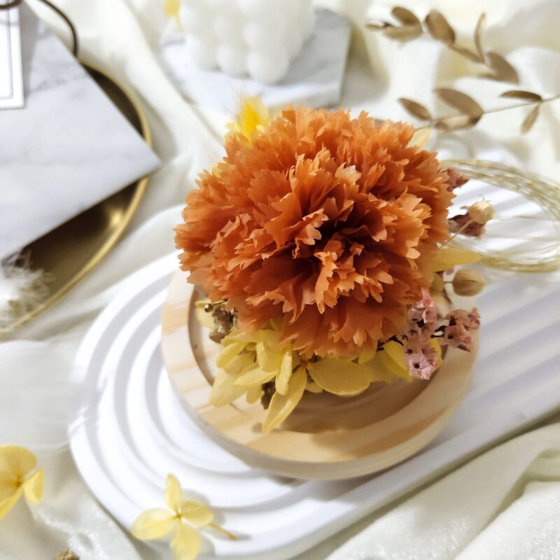 Preserved Flower Orange Carnation with Round Glass Dome Quadruple Flower PT070004 04