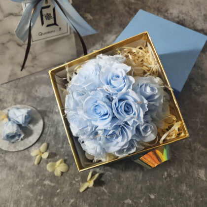 Preserved Flower Light Blue Roses Love Box (with Lights) Quadruple Flower PT010023 01