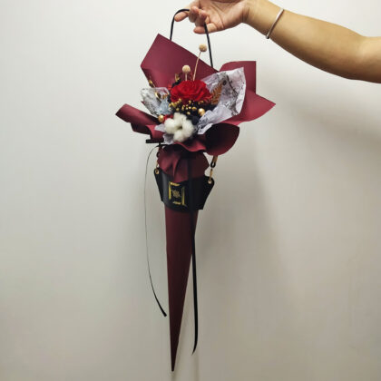 Preserved Flower Red Rose & Cotton Scepter Bouquet Quadruple Flower PB010001 01