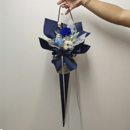Preserved Flower Blue Rose & Cotton Scepter Bouquet Quadruple Flower PB010002 01