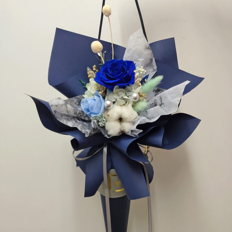Preserved Flower Blue Rose & Cotton Scepter Bouquet Quadruple Flower PB010002 02