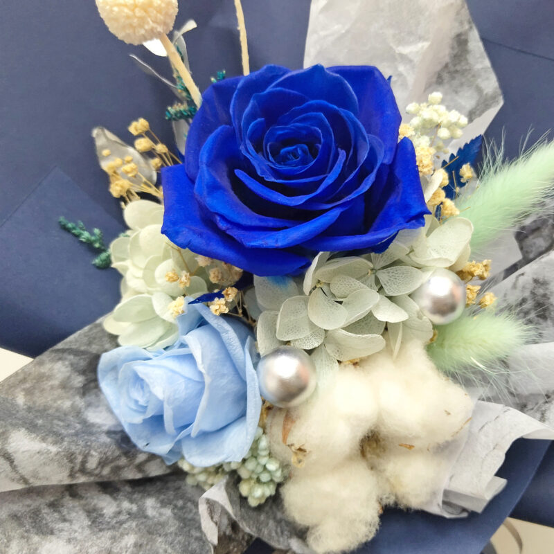 Preserved Flower Blue Rose & Cotton Scepter Bouquet Quadruple Flower PB010002 03