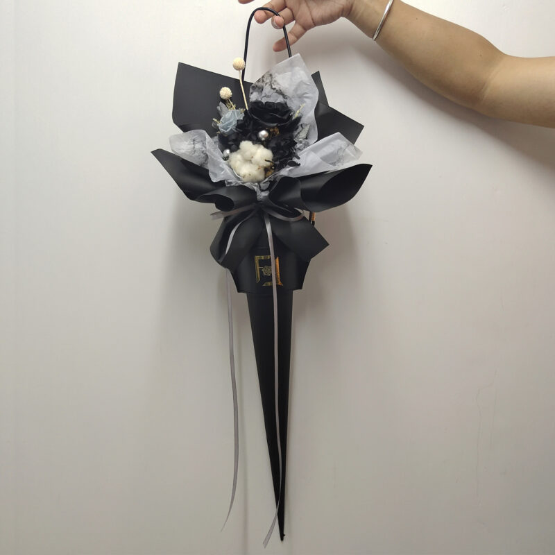 Preserved Flower Black Rose & Cotton Scepter Bouquet Quadruple Flower PB010003 01
