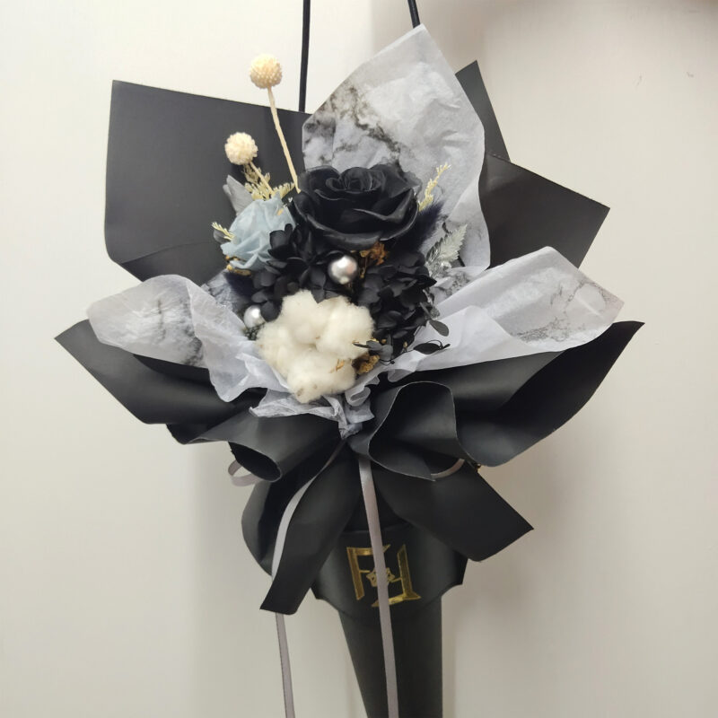Preserved Flower Black Rose & Cotton Scepter Bouquet Quadruple Flower PB010003 02