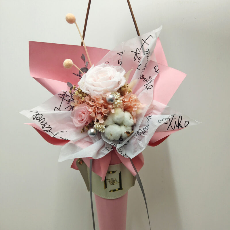 Preserved Flower Pink Rose & Cotton Scepter Bouquet Quadruple Flower PB010007 02