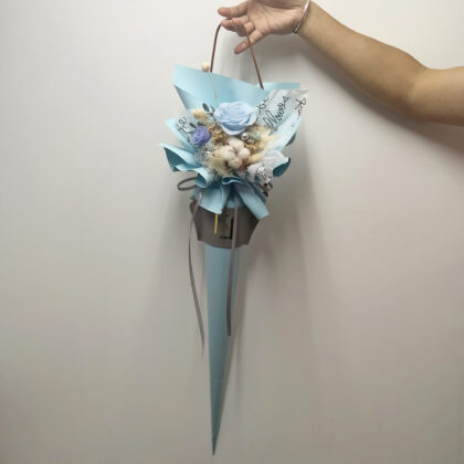 Preserved Flower Light Blue Rose & Cotton Scepter Bouquet Quadruple Flower PB010008 01
