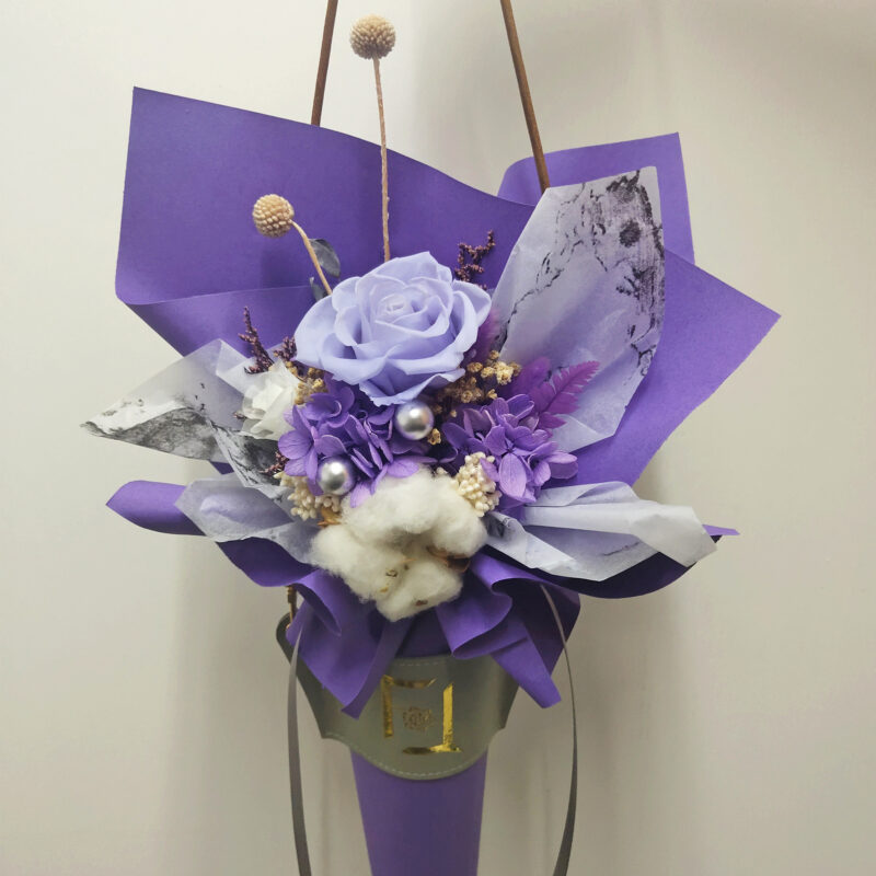 Preserved Flower Light Purple Rose & Cotton Scepter Bouquet Quadruple Flower PB010009 02