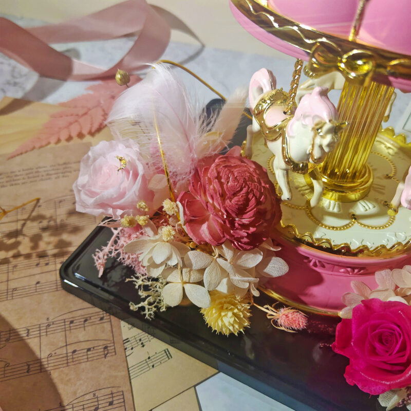 Preserved Flower Pink & Hot Pink Rose Carousel Music Flower Box PT010067