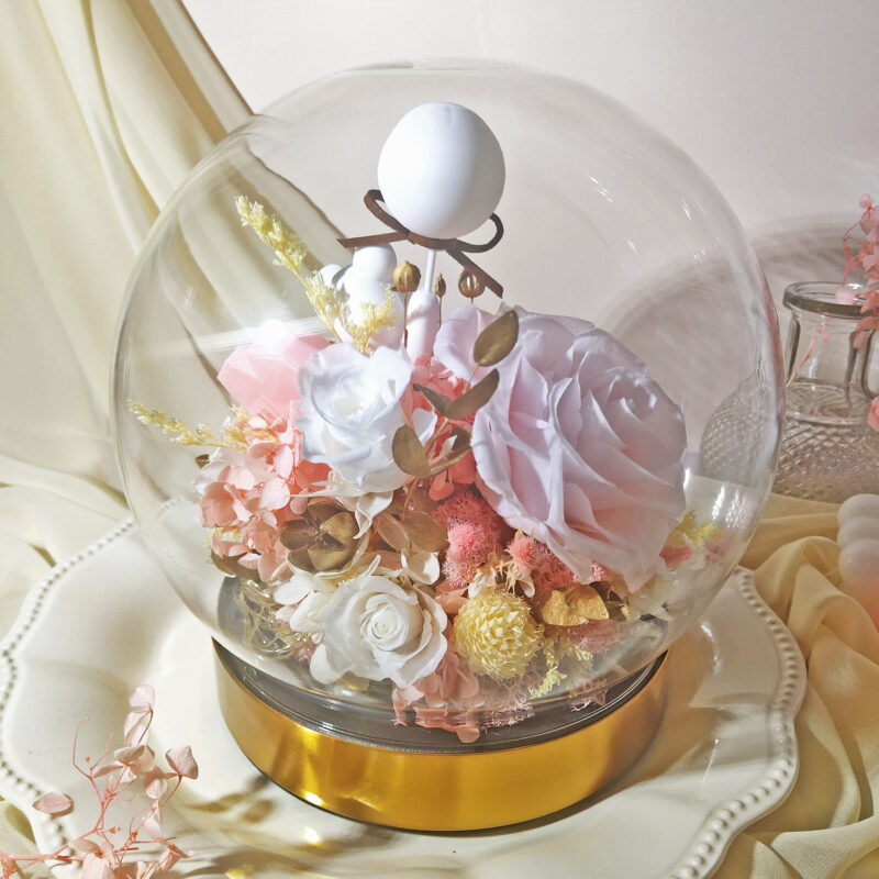 Preserved Flower Pink Rose with Round Glass Dome PT010069